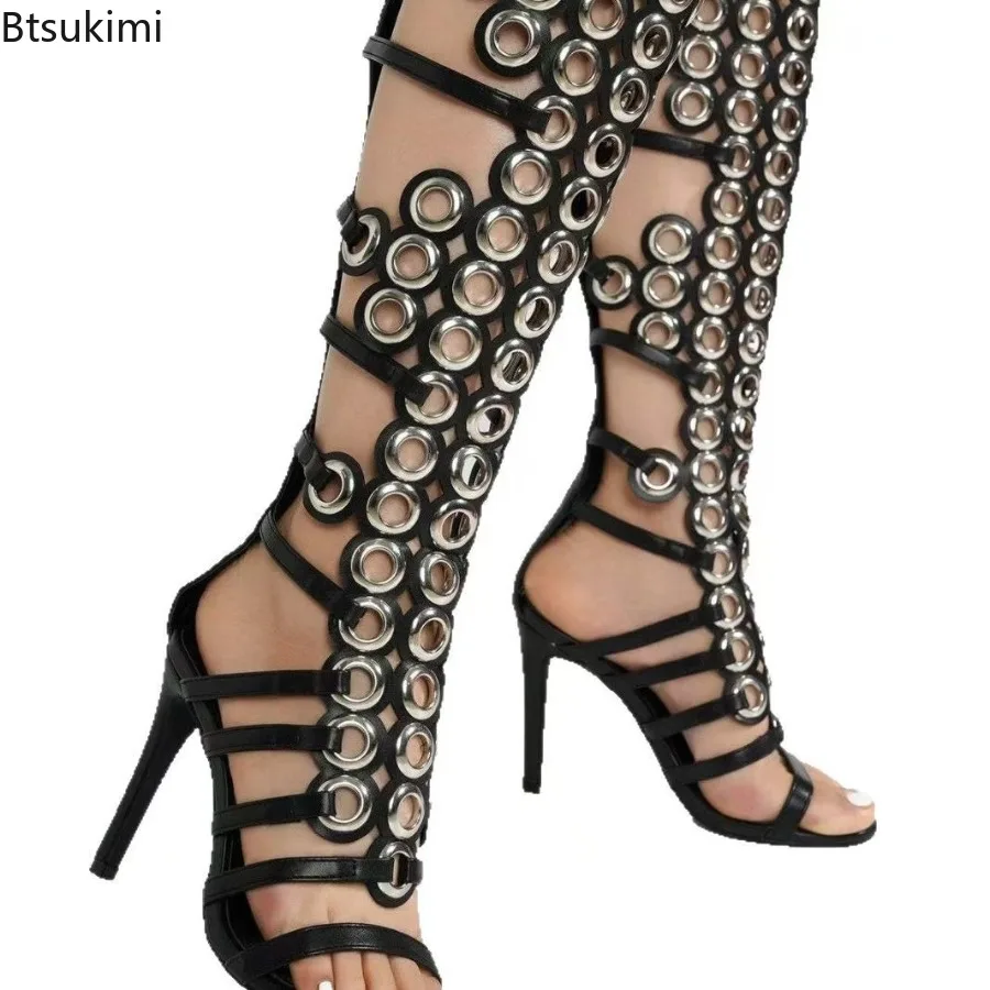 

2026 Metal Ring Strappy Sandals Women Open Toe Hollow Stiletto Heel Back Zipper Knee High Sandals Summer New Mixed Color Sandals