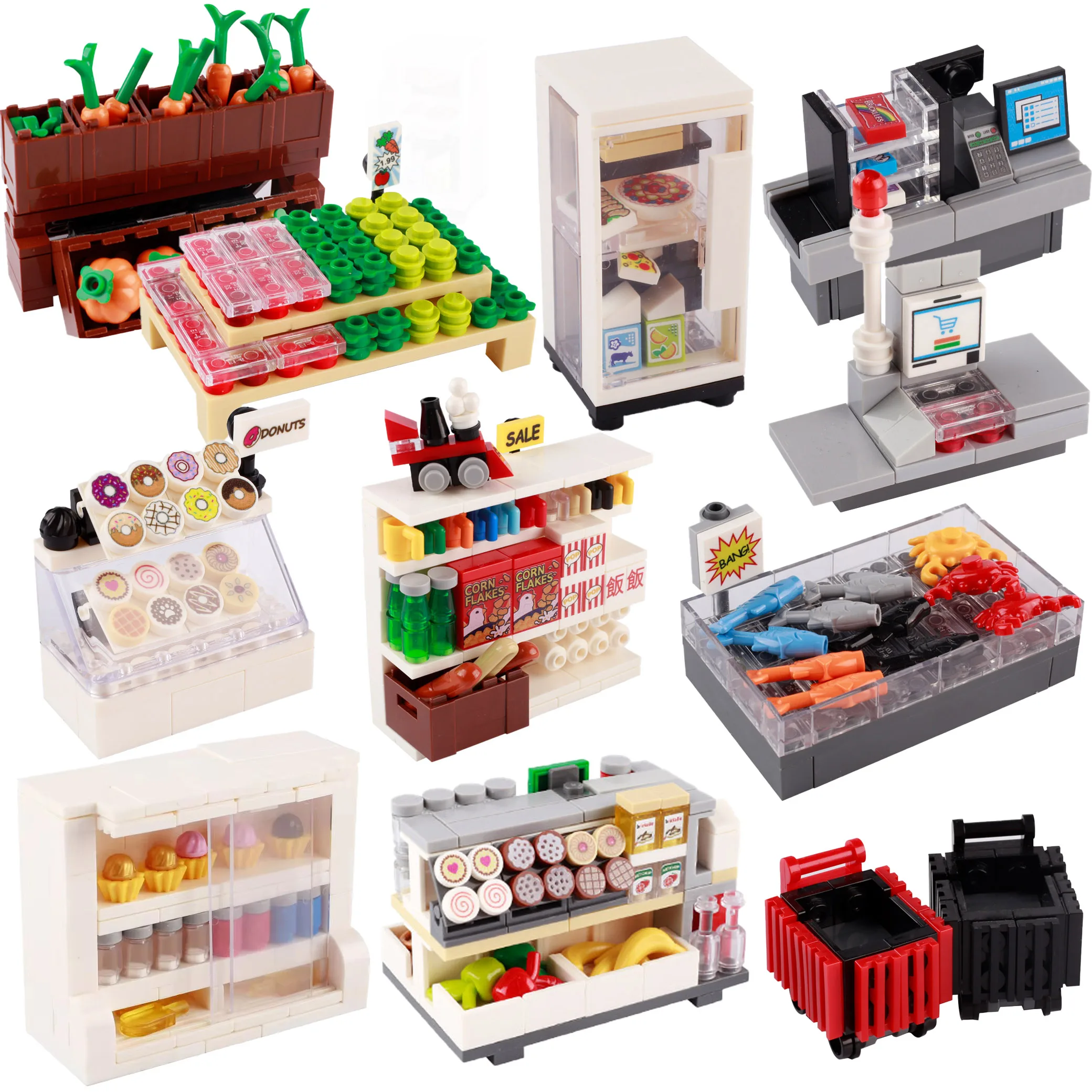 

MOC City Supermarket Building Blocks Fresh Food Seafood Bread Shopping Cart Checkout Counter Milk Shelf Doughnut Bricks Toys