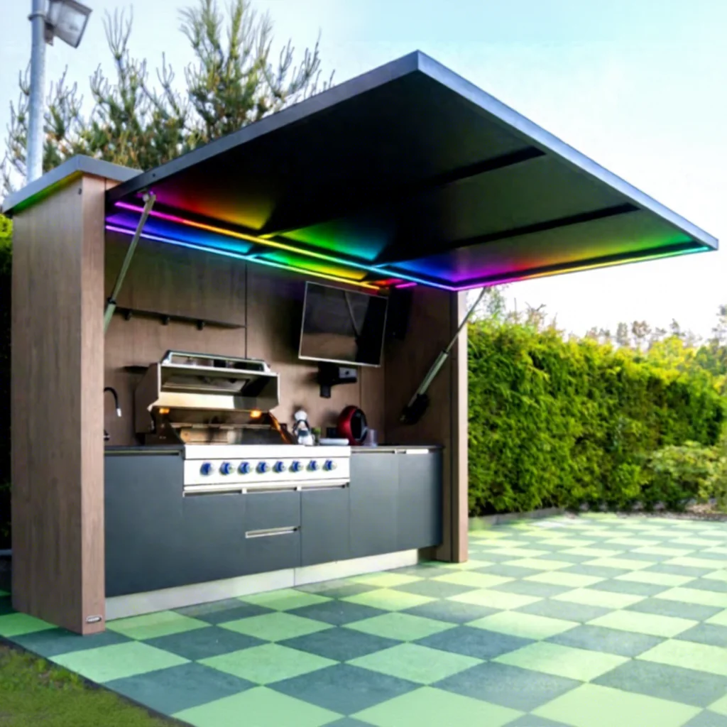 Modern Courtyard Villa Outdoor BBQ Table with All-Aluminum Cabinet & Stainless Steel Grill for Clubhouse or Yard BBQ Gathering