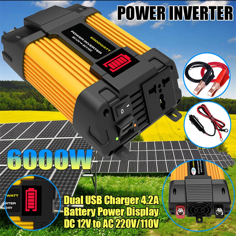 

Five Battery Level Bars 12V To 220V Converter 6000W Power Inverter USB Ports Undervoltage Protection On-the-go Power