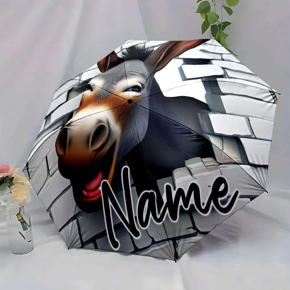 Custom Name Donkey Design Umbrella with Unique Style 8 Iron Ribs Folding Umbrella Auto-Open Fashionable Sunshade Deluxe Gift