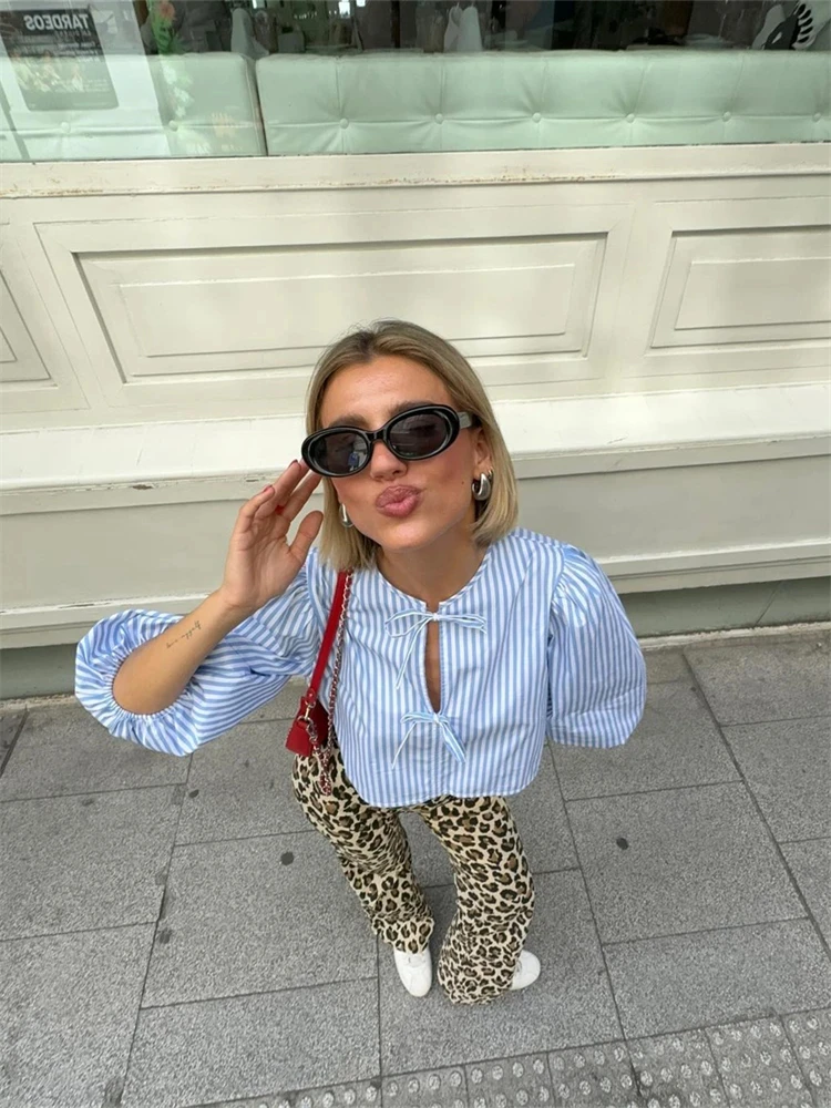 PB&ZA women's clothing 2024 summer new French temperament loose round neck long sleeve striped short shirt 7995/313