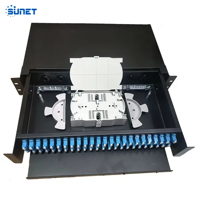 Sunet Good Quality Ftth 12/24/48 Cores 1U/2U SC/LC/FC/ST Rack Mount Type ODF Fiber Optic Patch Panel for FTTX Network in stock