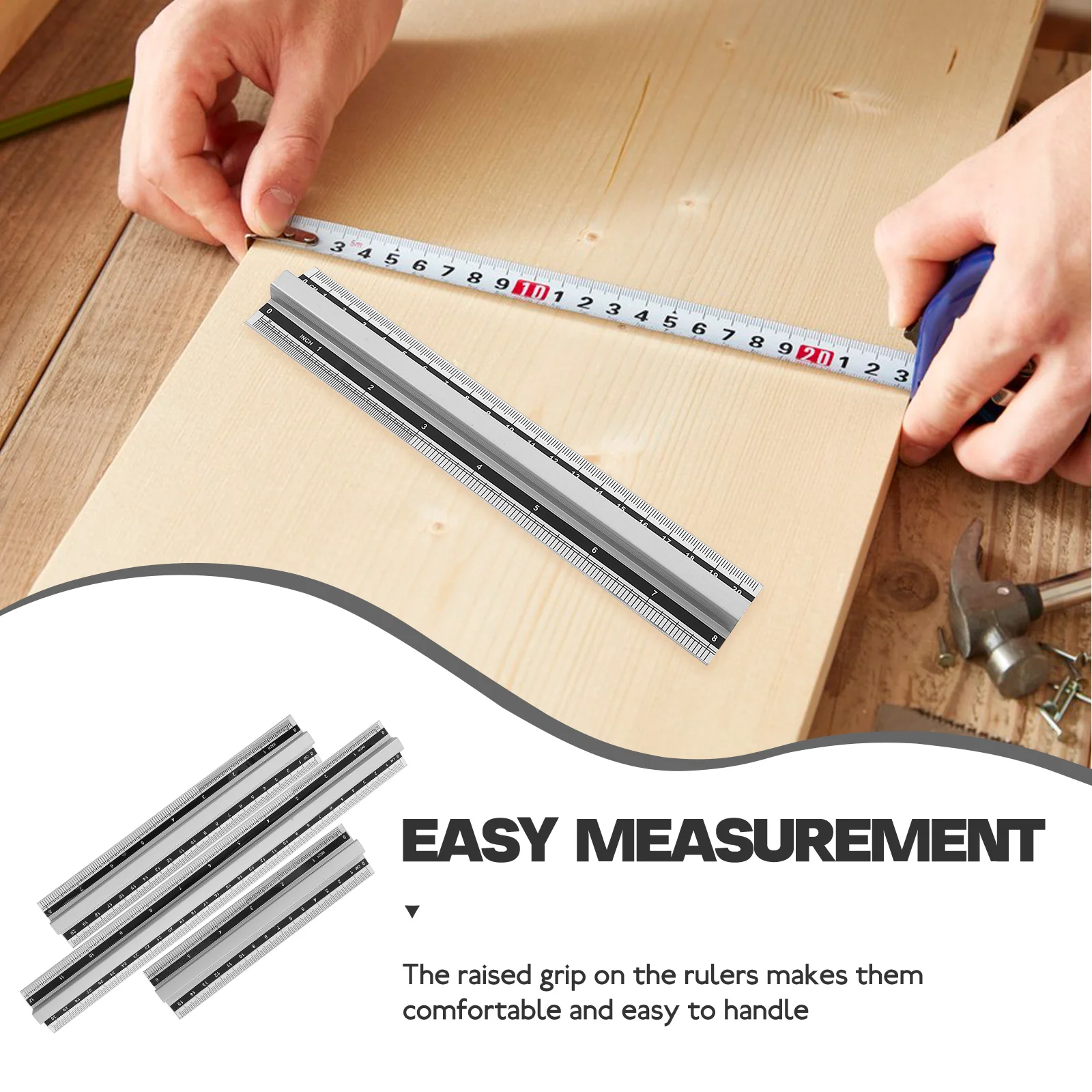 

3pcs Aluminum Ruler Set Lightweight Durable Measuring Tools Raised Grip Centimeters Inches Dual Scale Straight Edge Rulers