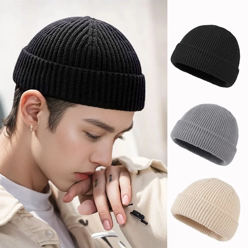 Black Knitted Woolen Hat Thickened Winter Cap for Men Large Head Size Warm Fashionable Trendy Style Protective Headgear