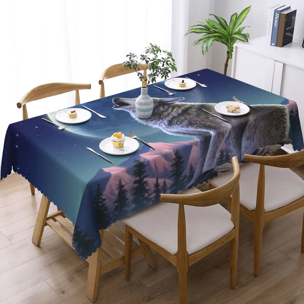 Rectangular Fitted Wolf Moon Table Cloth Waterproof Tablecloth Outdoor 40