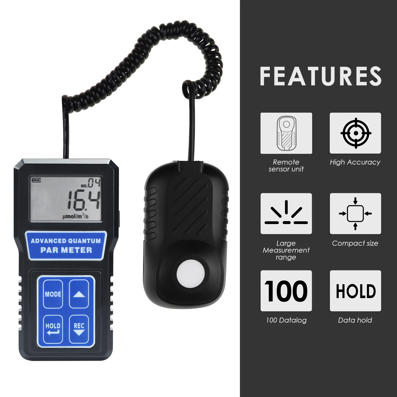 PAR Meter Light Tester PPFD Photosynthesis Quantum Meter 400-700nm Wavelength W/ Sensor Mode Selection Large LCD Light Meter