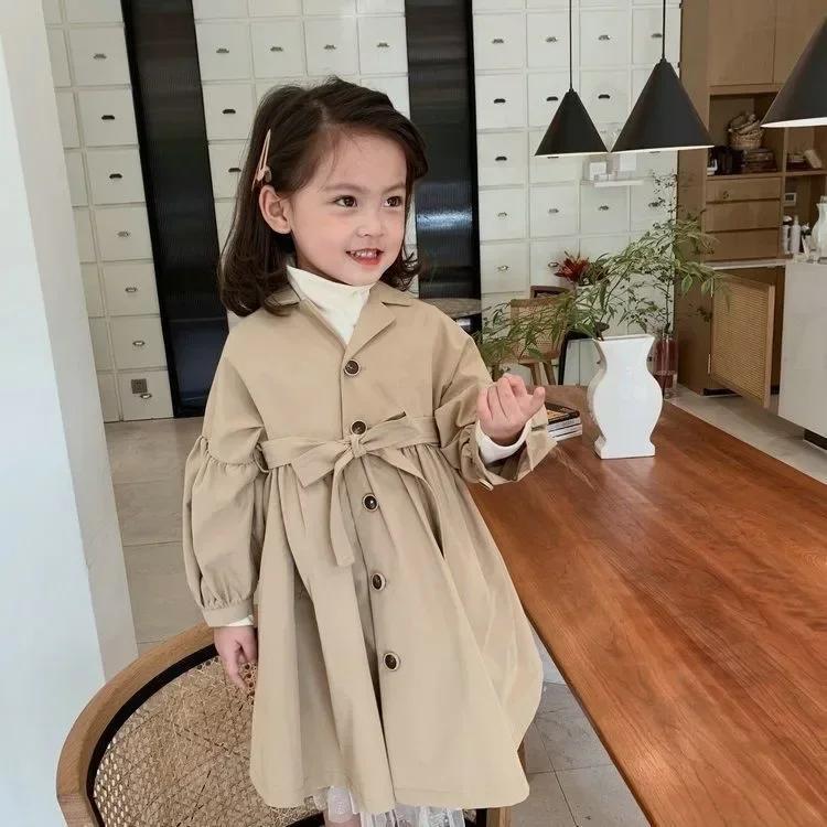 

New Arrival Autumn Winter Girls Coats Khaki Single Breasted Trenchs with Detachable Waistbands Kids Outwears