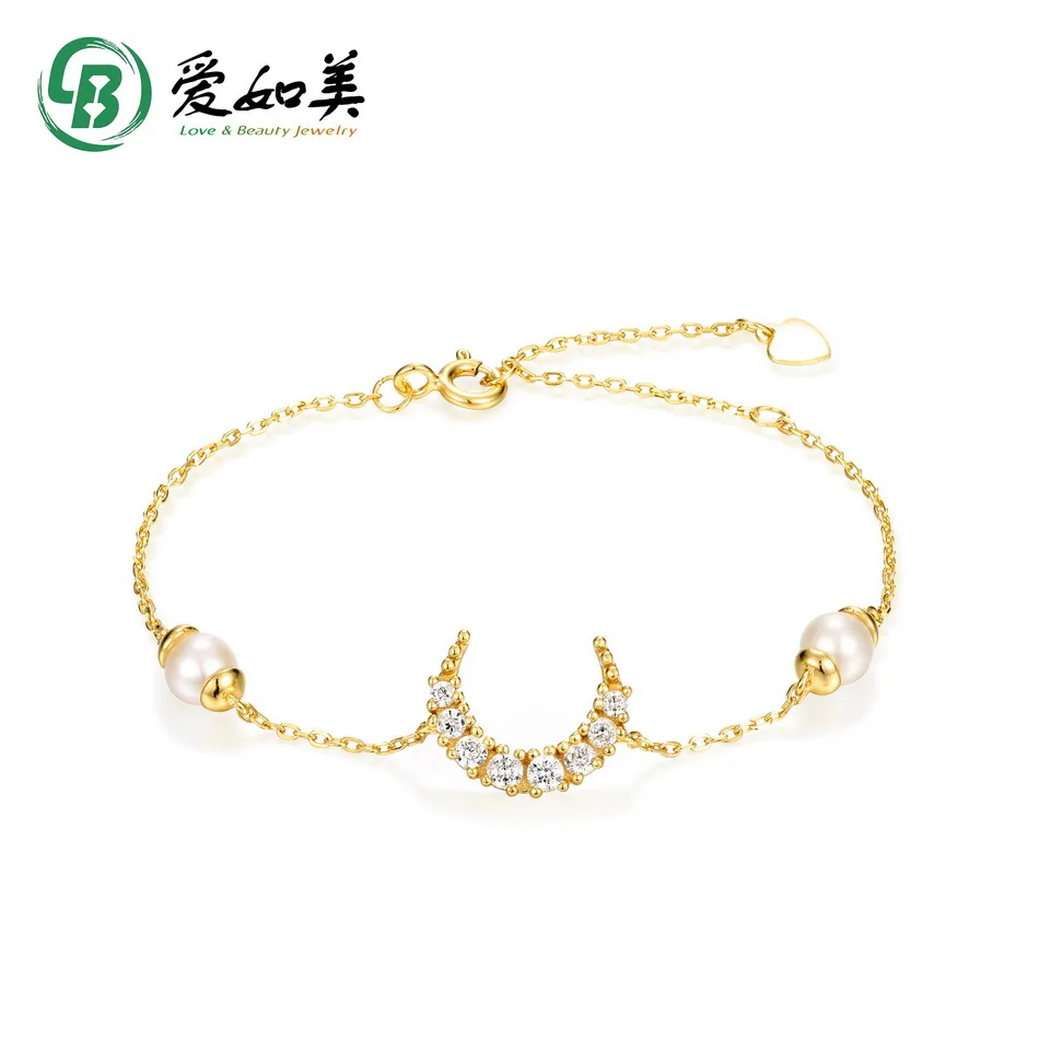 

Full Set Diamond Crescent Shaped Freshwater Pearl Bracelet 18K Gold PT950 Platinum Silver Plated with 7 Layers of Gold