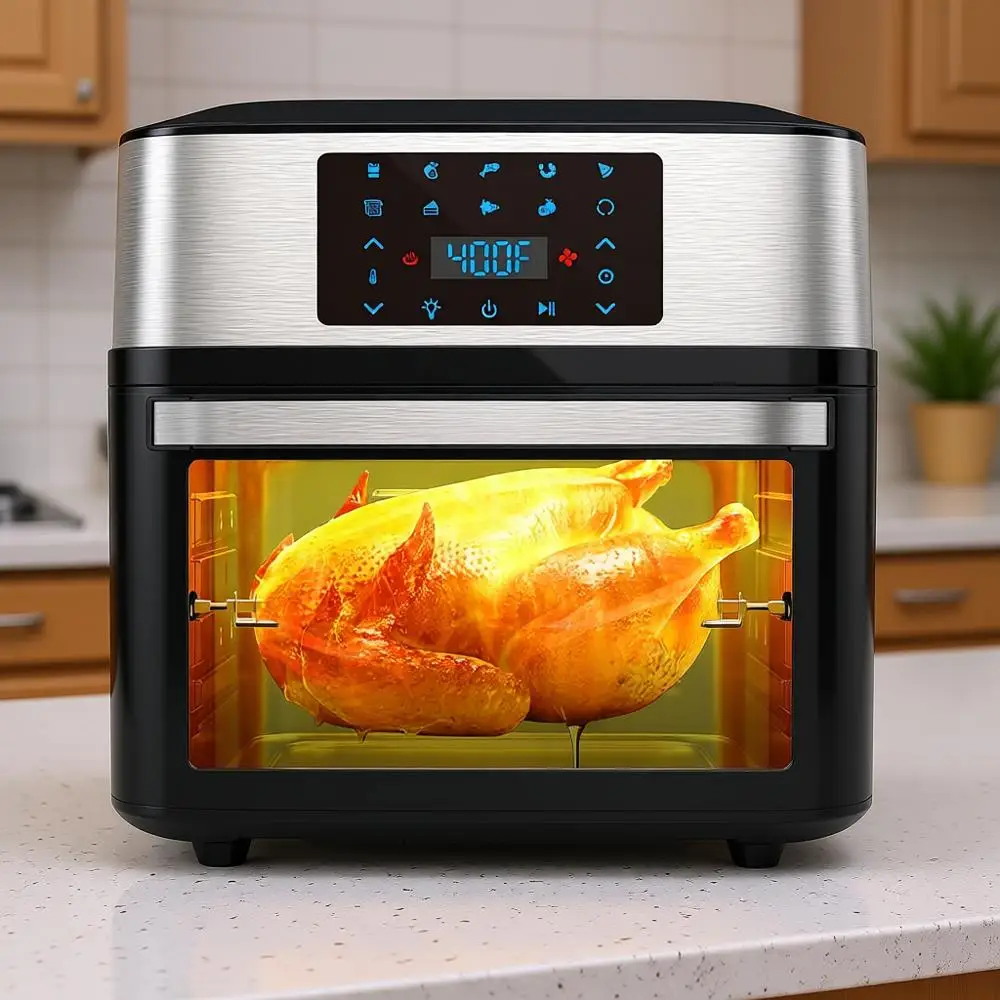 Großer 20 QT 10-in-1 Toasterofen mit Heißluftfritteuse, Sichtfenster, Drehspieß und 3 Ablagen