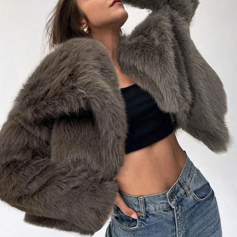 2025 Winter Womens Short Faux Fur Coat Fashionable Oversized Lapel Long Sleeve Warm Jacket Faux Fur Solid Color Tops