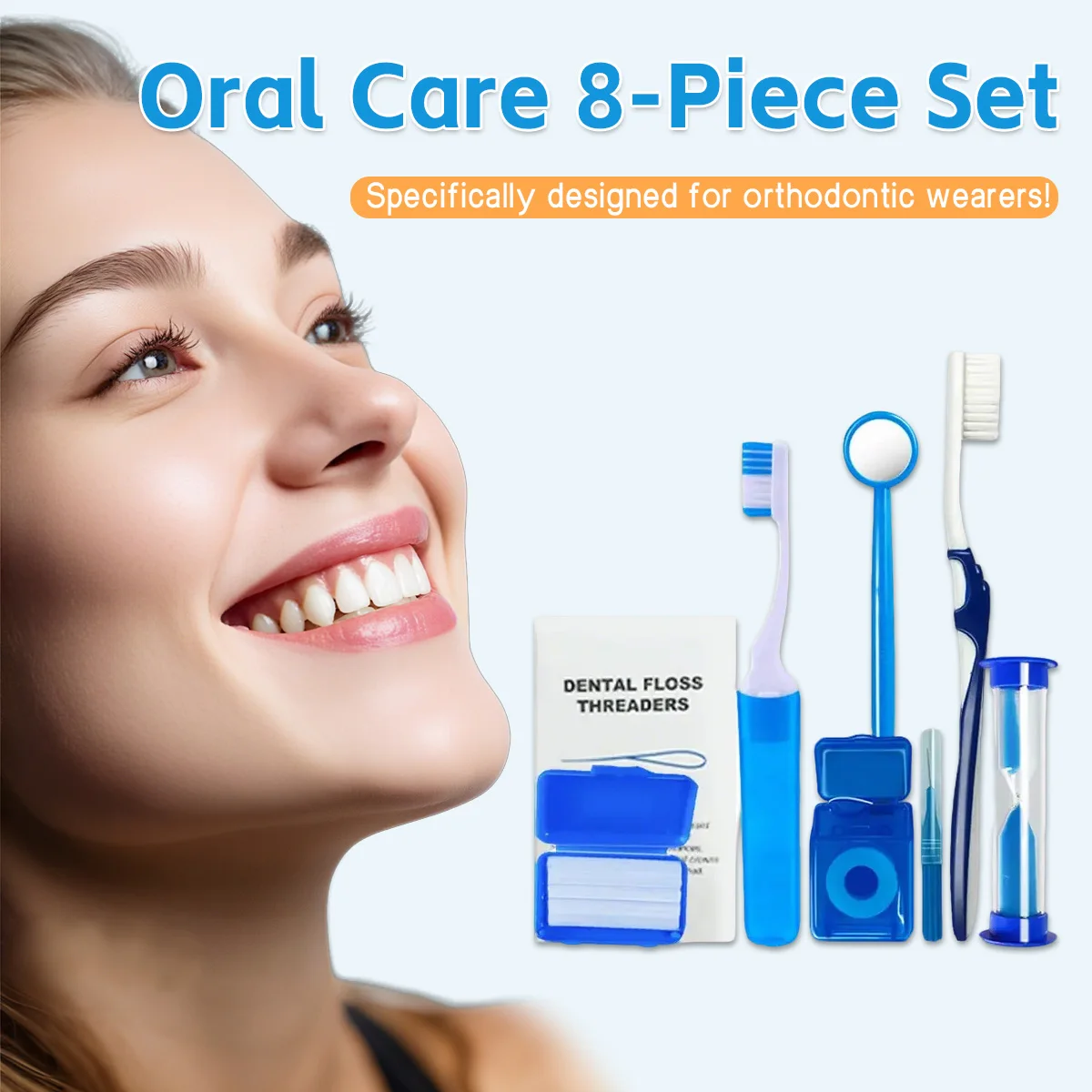 

Набор для ортодонтического ухода из 8 предметов, включая зубную щетку, защитный воск, зубная нить, стоматологическое зеркало и межзубная щетка, защита для зубов