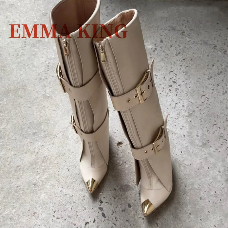 Golden Metal Buckle Knee High Boots Front Zipper Fold Over Women's Long Boots Thin High Heel Metal Toe Dress Shoes for Women