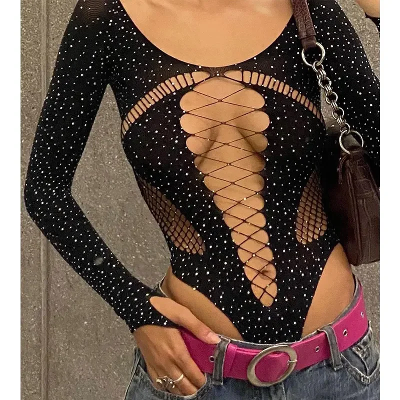 

Summer 2023 Bodysuit Sexy Bodys Mujer Stocking Rhinestone Long Sleeve Hollow Out Slim Fit Leotard Tops Bodystocking Lingerie