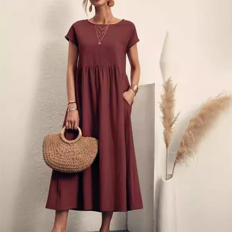 

Casual Women's Plus Size Summer Cotton Long Dress Large Size Vintage Solid Short Sleeve Beach Sundress O Neck Loose Maxi Dresses