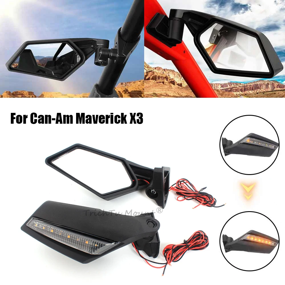 

UTV Part Matte Black For Can-Am Maverick X3 Max XDS 4x4 Turbo R RR 2017-24 Rearview Mirror w/ LED Turn Signal Light Side Mirrors