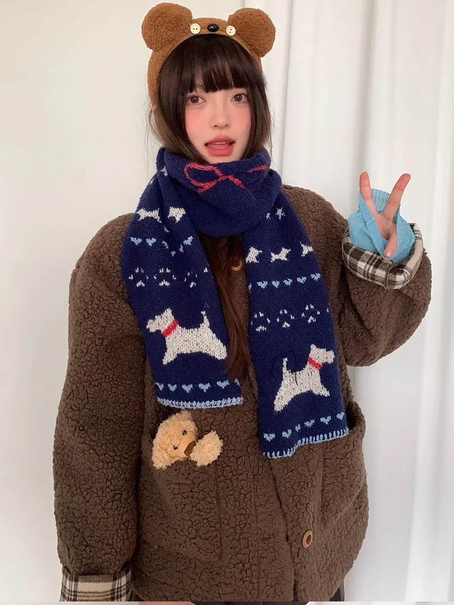 Japanese-Style Dark Blue Small Dog Knit Scarf For Women, Winter Cute Shopping Atmosphere Versatile Warm Student Wool Scarf