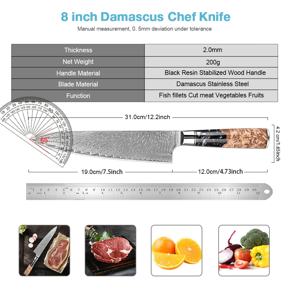 Damascus Steel Chef Knife 8 Inch Kitchen Knife High Quality 67-layer Japanese VG10 blade Sharp Slicing Knife Ergonomic handle