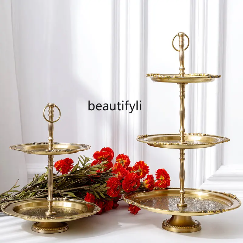 

yj Copper Double-Layer Three-Layer Tray European-Style Creative Living Room Coffee Table Fruit Cake Plate