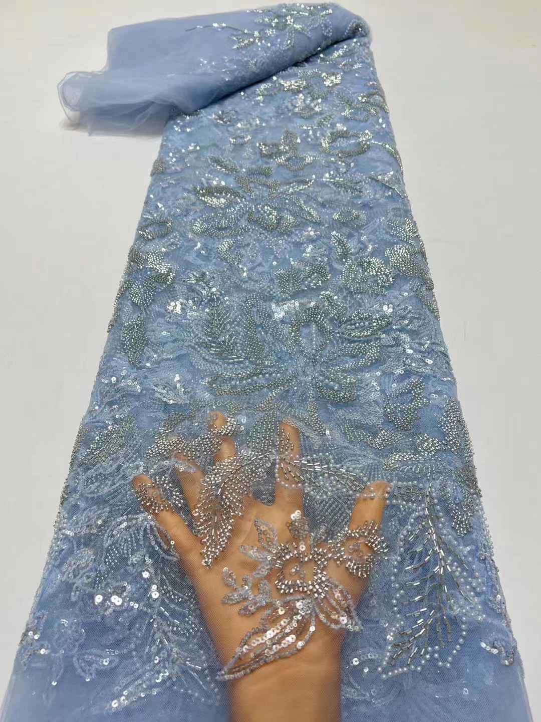 

Latest Navy Blue African Handmade Beads Laces Fabrics High Quality Nigerian Sequins Mesh Lace Fabric For Party Dress HX