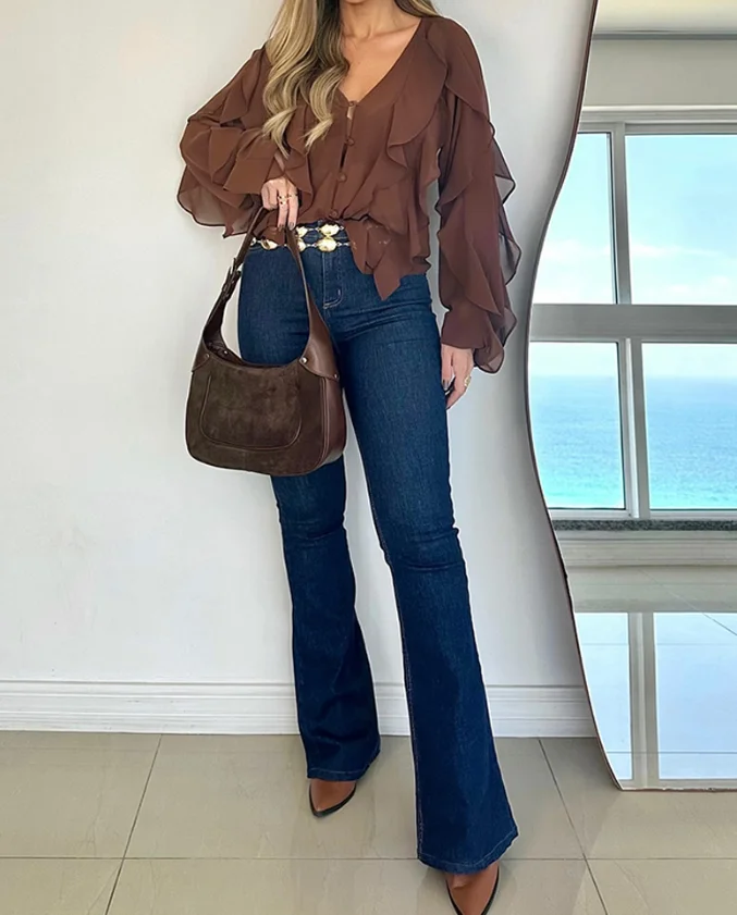 

Summer Women T-Shirt Temperament Female V Neck Shoulder Asymmetrical Ruffles Blouses Women's Casual Button Front Long Sleeve Top