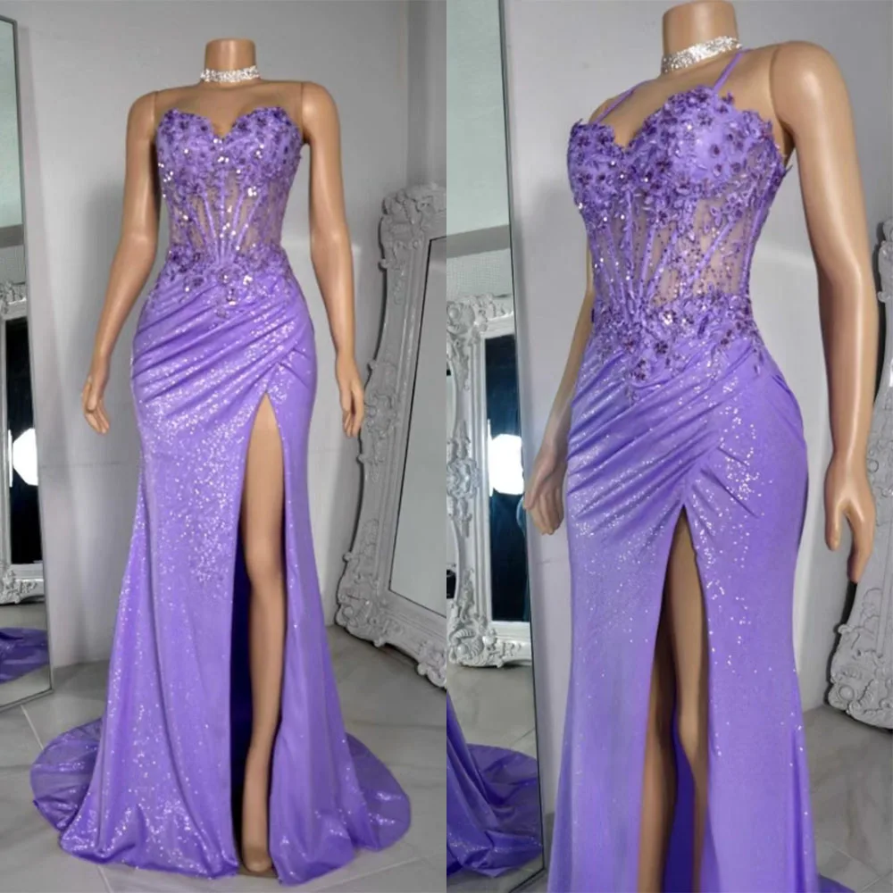 

High Quality Customized Sweetheart Floor Length High Fork Beaded Sleeveless Court Train Purple Vestidos De Fiesta Para Bodas 드레스