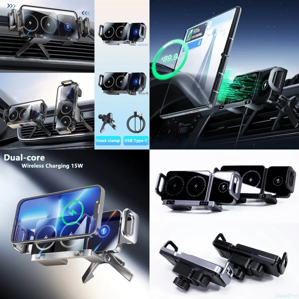 

sfeae Dual Coil Foldable Phone Holder Car Wireless Charger Universal Car Phone Mount Fast Charging For Samsung iPhone Xiaomi Z F