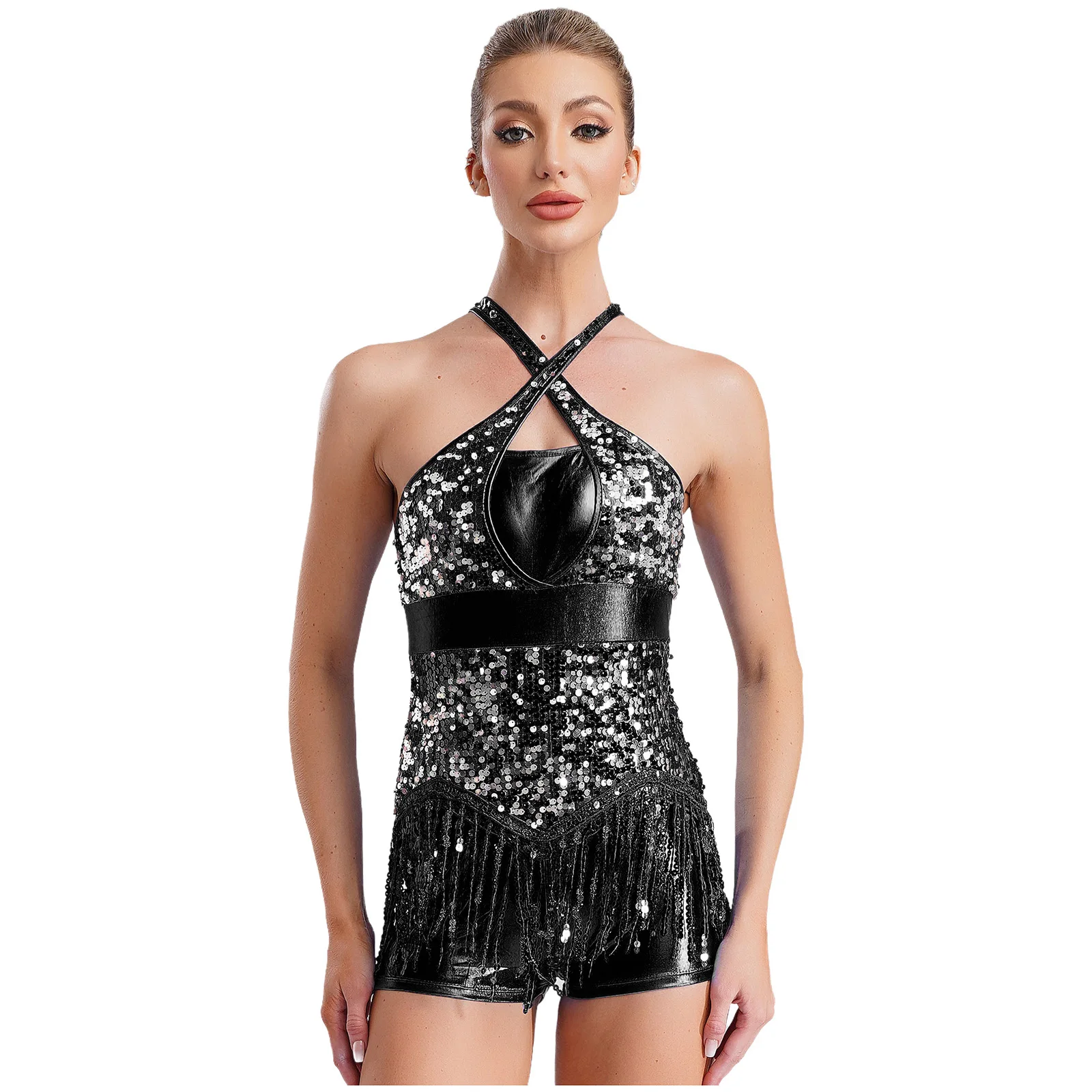 ผู้หญิงละตินเต้นรํา Leotard Sumba Cha-cha Rumba Tango Sequins พู่ Jumpsuit CROSS ด้านหน้า Cutout Fringe บอดี้สูท Dancewear เครื่องแต่งกาย