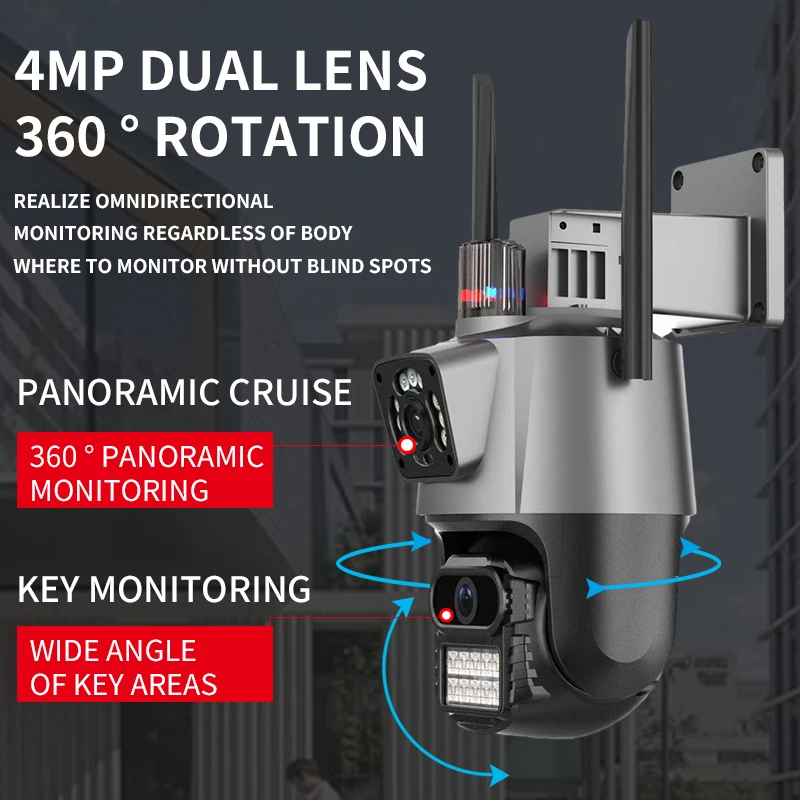 8MP 4K IP Camera Outdoor WiFi PTZ Dual Lens Dual Screen Auto Tracking Waterproof Security Video Surveillance Police Light Alarm