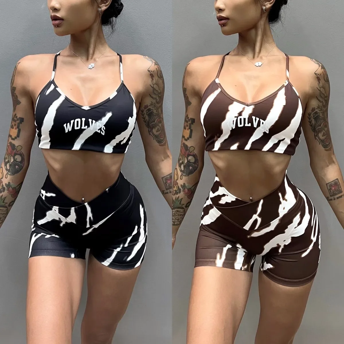 

Gym Suit European and American Wolf Head Zebra Pattern Fitness Sports Bra Shorts Women's High Waist Nylon Sport Set Women