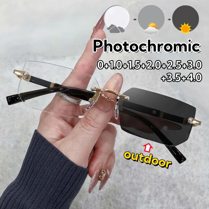 

Frameless Advanced Business Photochromic Presbyopia Glasses Cut Edge UV Protection Unisex Far Sight Eyeglasses 0 To +4.0
