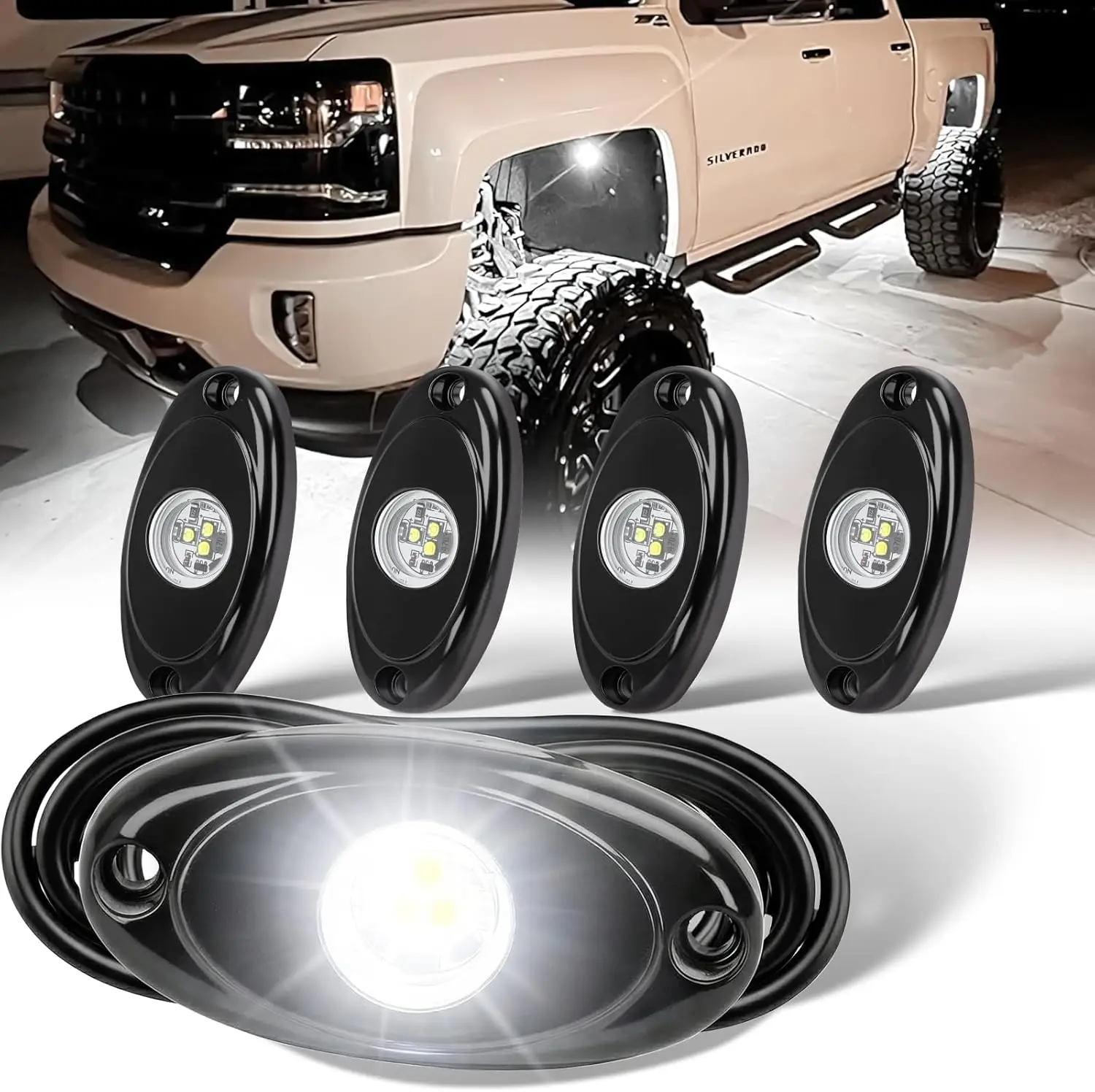 

4 Pods White Rock Lights 6000K Ultra Bright LED Underglow Lights IP68 Waterproof for Trucks SUV UTV ATV RZR Car Boats