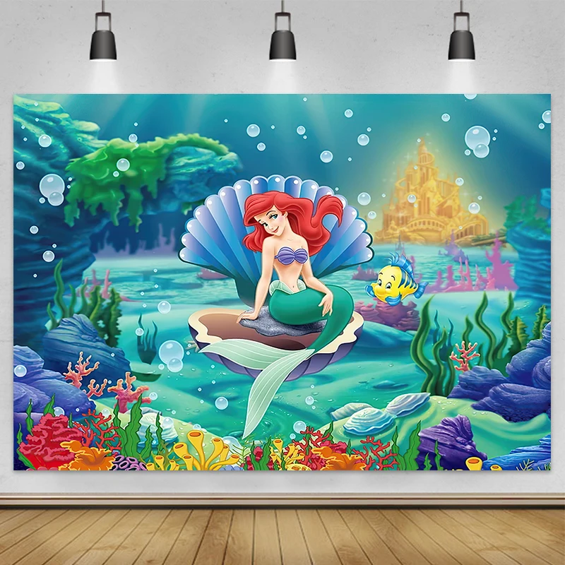 Disney Mermaid Background Baby Girl Birthday Party Decoration Supplies Baby Shower Undersea Photo Poster Photo Studio