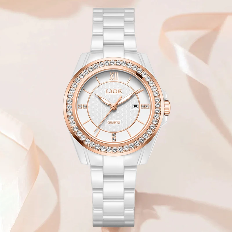 LIGE Elegant Classic Woman Watch Luxury Fashion Ceramic Strap Date Waterproof Luminous Ladies Quartz Wristwatch Gifts for Women