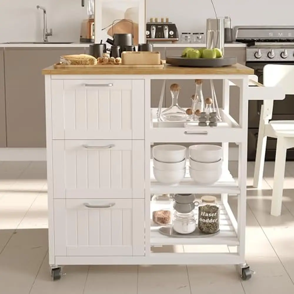 

Wooden Kitchen Cart with 3-Tier Wine Rack & Storage Drawers Rolling Utility Trolley Dining Room White Finish Easy to Move