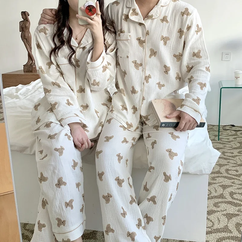 

Sleepwear Couple Suits Autumn Thin Korea Home Simple Cozy Leisurely Slim Loose Fit Casual Breathable High Quality Cool Cartoon