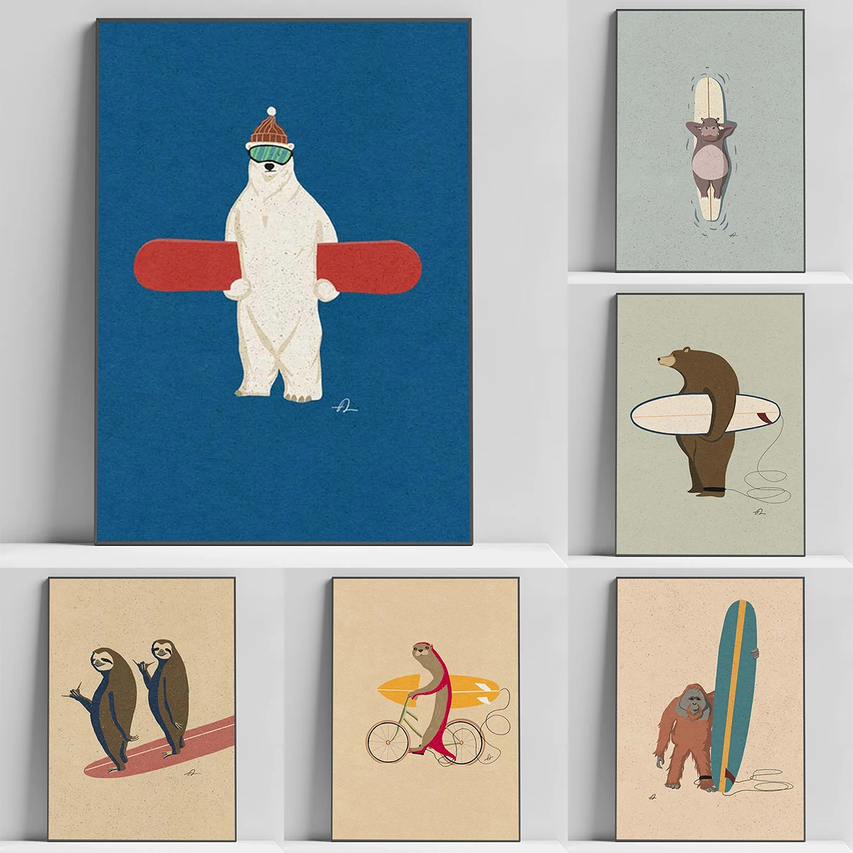 

Funny Surfing Animals Posters Canvas Poster Tableau Decoration Mural Nordic Home Decor Room Aesthetic Decorative Wall Prints