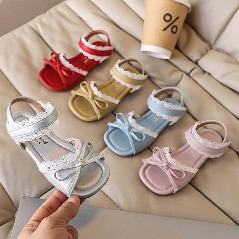 

Детские сандалии, модные сандалии принцессы для девочек с кружевным бантом, новинка лета 2024, повседневная пляжная обувь с мягкой подошвой для малышей, От 3 до 10 лет