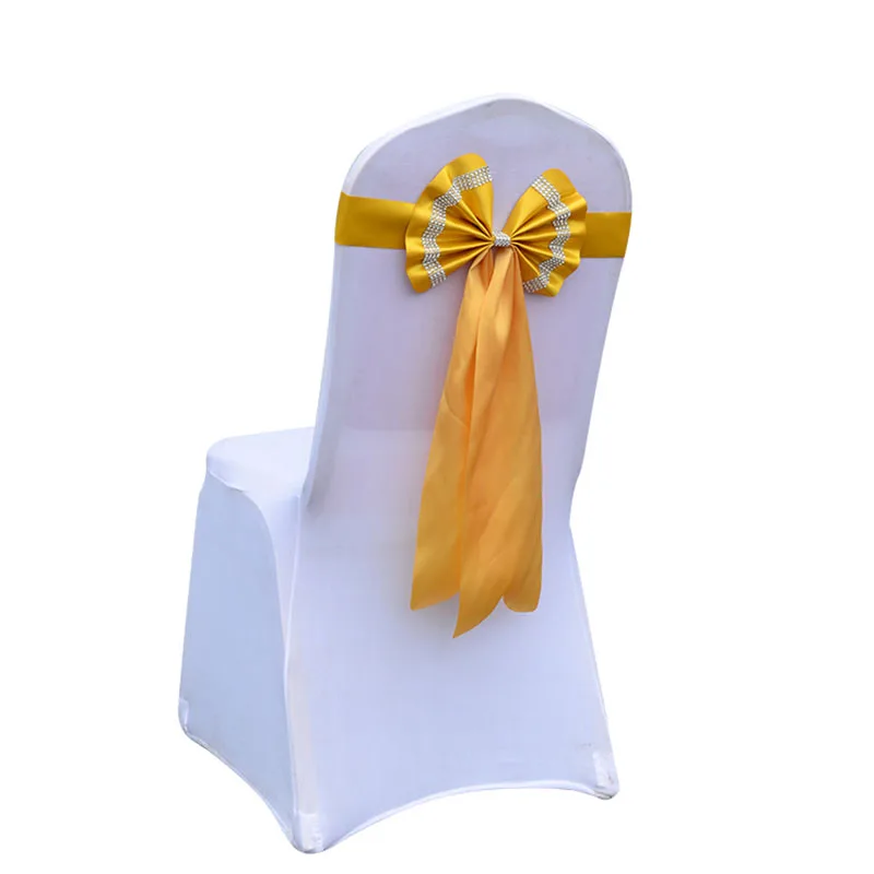 Satin Ribbon Diamond Bow Tie Chair Knot Cover Belt Back Long Tail Seat Sashes For House Banquet Wedding Party Event Decoration