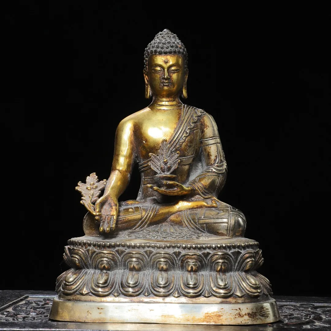 Old Bronze Gilded Cinnabar Pharmacist Buddha Bhaisajyaguru sitting Buddha Lotus Buddha Terrace Amitabha Buddha Worship Hall