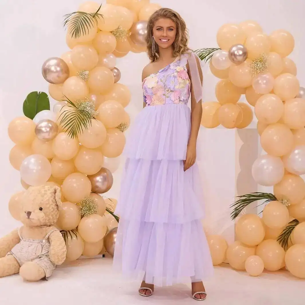 

Dopamine Up Dress 2024 Single Shoulder Embroidered Sweet Summer New Dress Long Skirt 2025 Summer Dress Robe Vestido Women Party