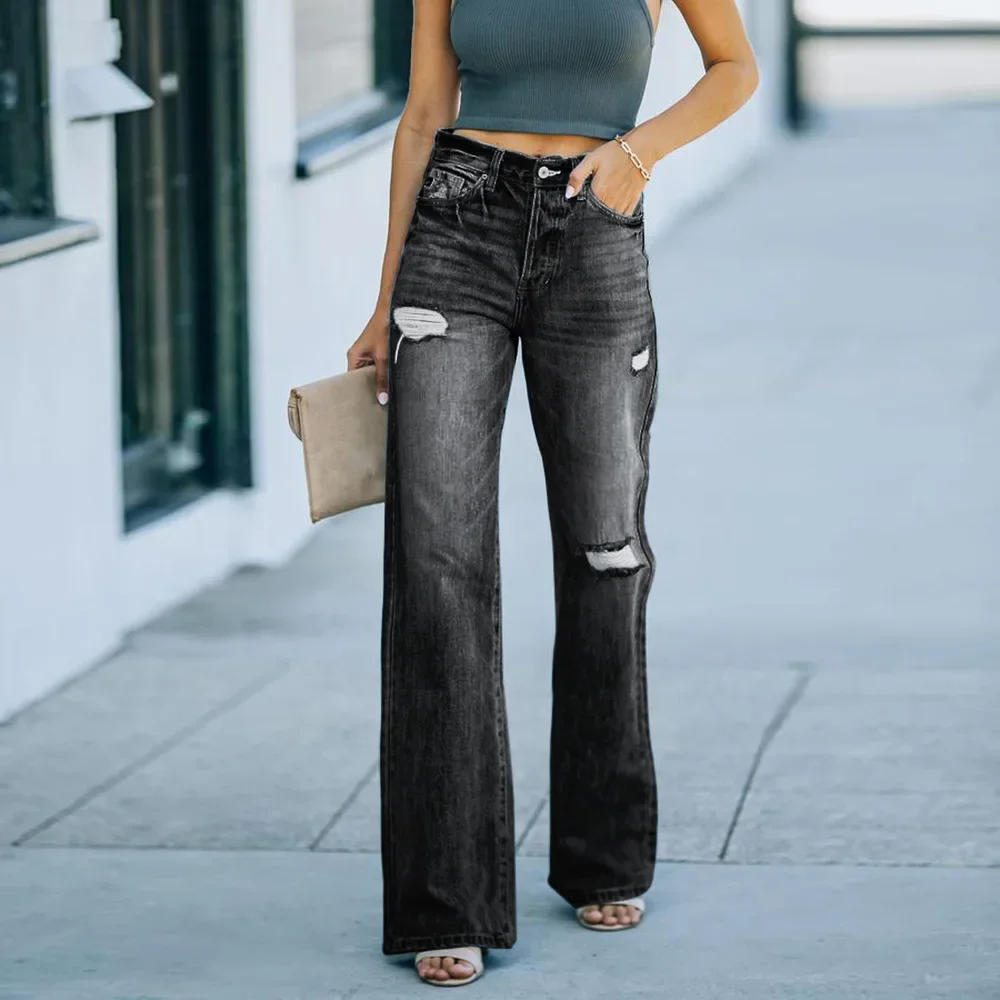 High Waist Broken Hole Loose Wide Leg Pants Jeans, Women's Spring and Autumn New Fashion Water Washing Slimming Long Jeans Y2k