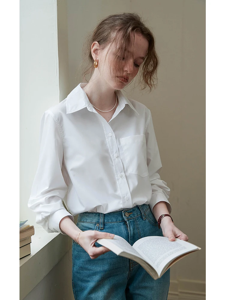 

Spring New White Anti-Wrinkle Long Sleeve Loose Women's Shirt Casual Style Pure Color Stand Collar Button Detail Polyester Modal