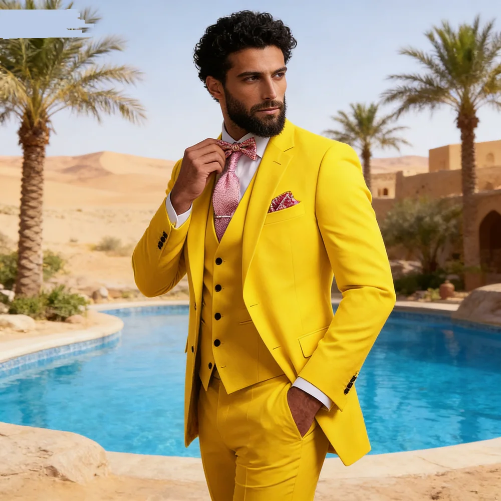 

Men's 3 Piece Pink Slim Fit Tuxedo Suit with Pants And Vest Classic Plain Color Wedding Groom Custom Outfit