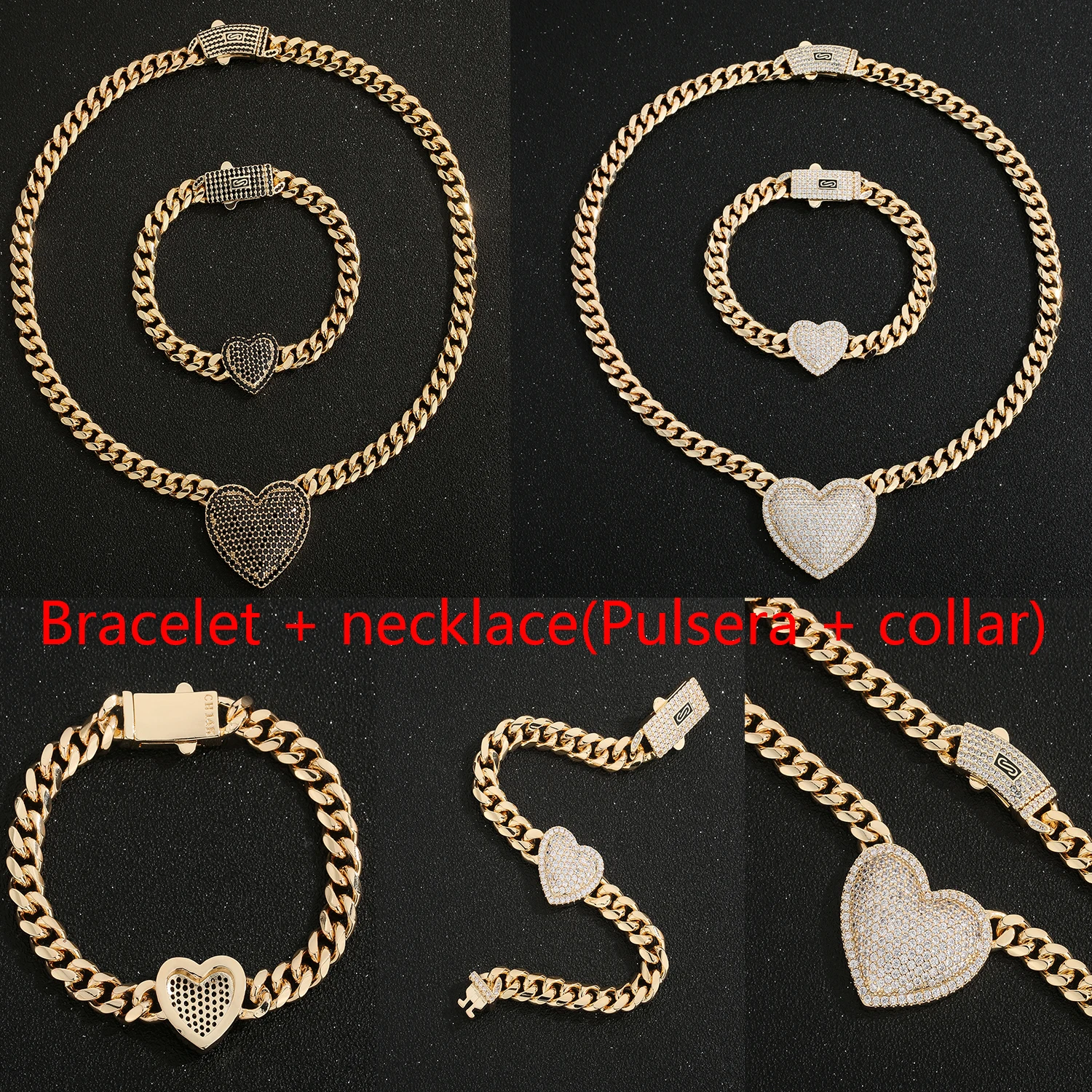 

Suitable for women's jewelry, bracelets and necklaces with full diamonds in heart shape, 2-piece set, fashionable women's popula