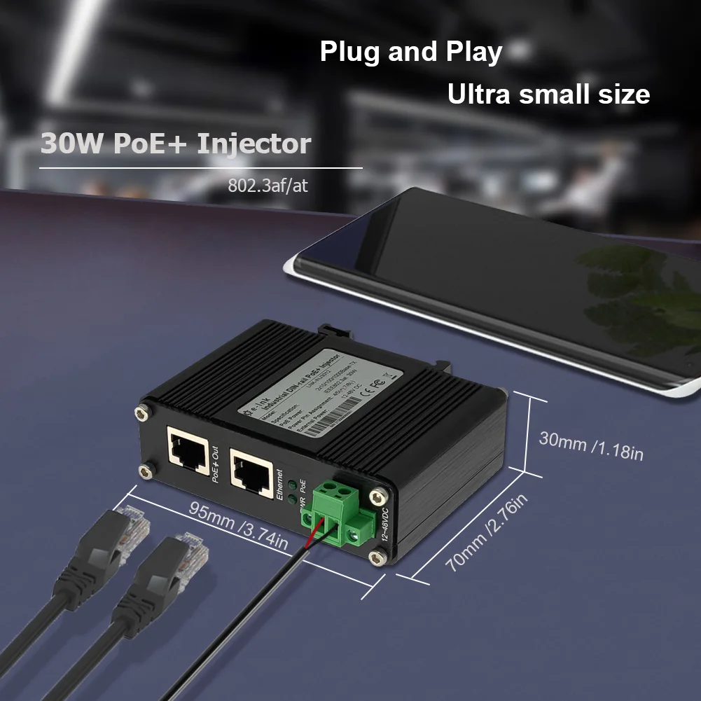 Industrial 30W Gigabit PoE Injector Din Rail 12~48VDC 2 Port PoE Power Injector Ethernet Adapter IEEE802.3af/at IP40