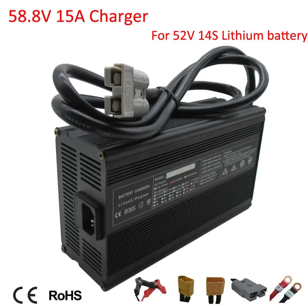 

58.8V 52V 15A Lithium Fast Charger 900W 14S 51.8V Li-ion Forklift Sweeper RV Golf Cart Battery Charger SB50 XT60 XT90 Connector