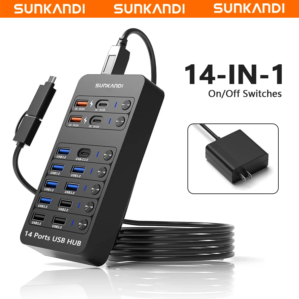 SUNKANDI 14-in-1 Powered USB Hub, USB Data Hub LED Individual On/Off USB 3.0,  USB 2.0, USB-A/C Charging for Computer Laptop