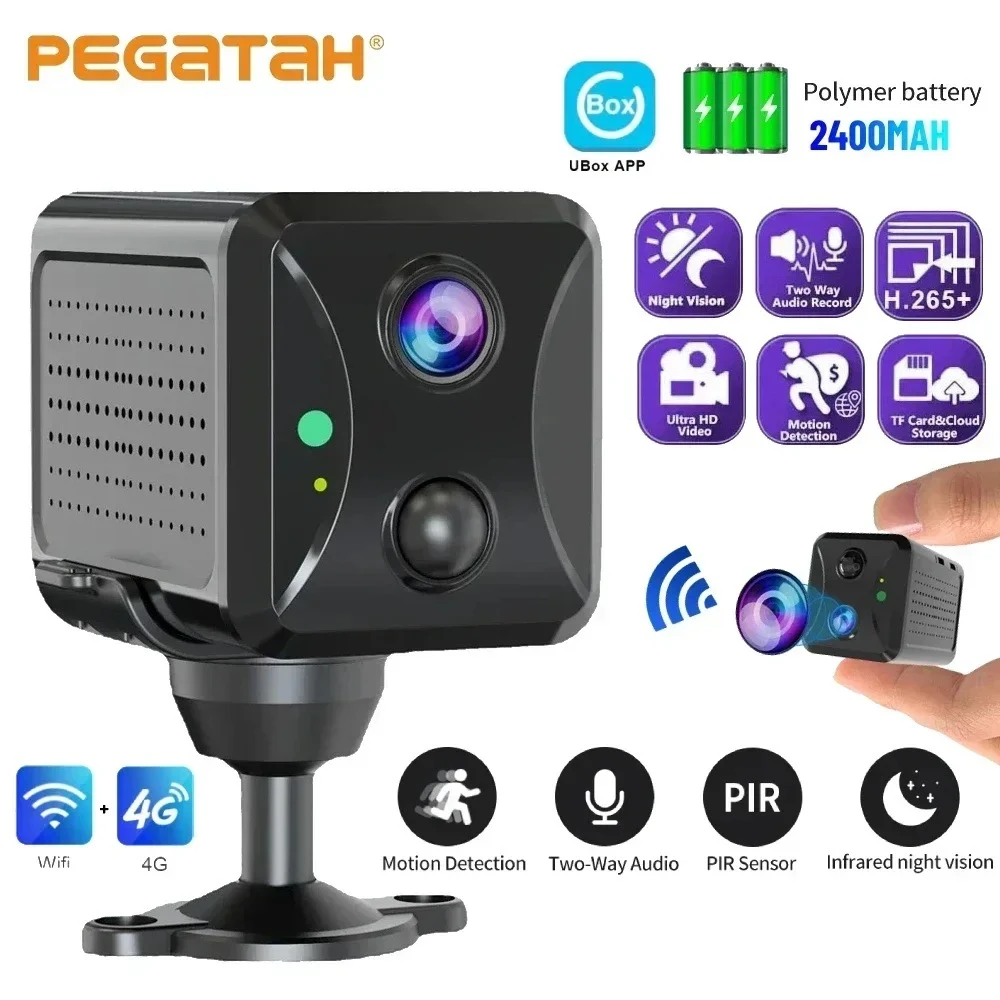 PEGATAH 4G Mini Camera 5MP WiFi Security Camera 2400mAh Indoor Home Surveillance Camera PIR Human Motion Auto Tracking CCTV Ubox