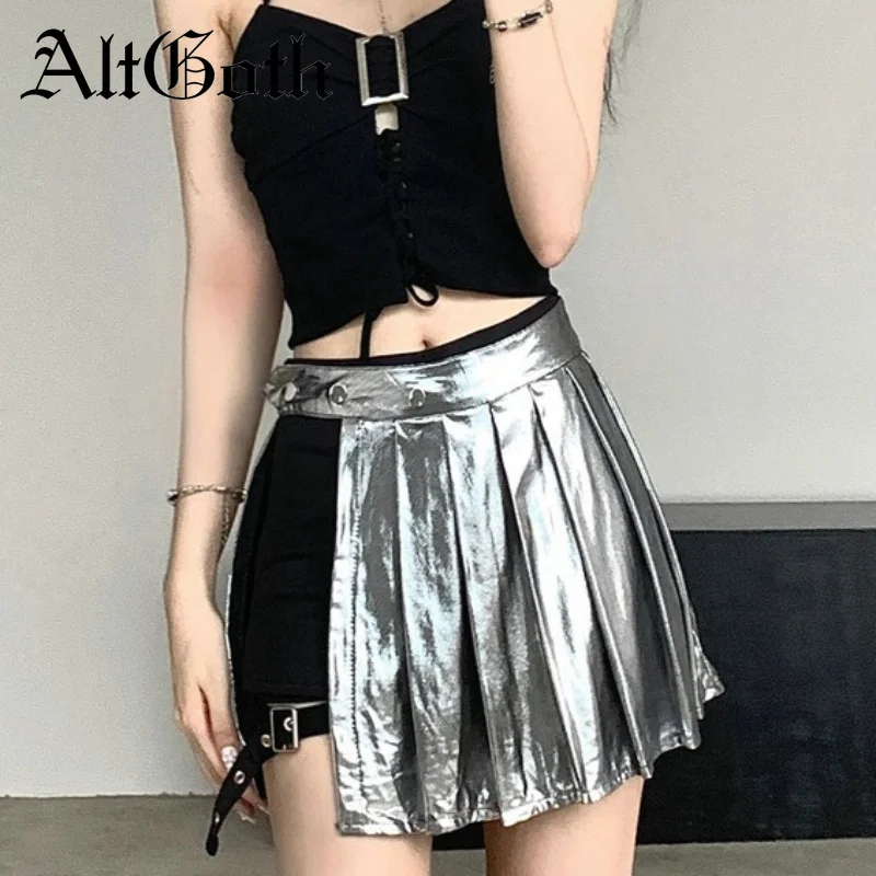 AltGoth Cyber Punk Harajuku Sliver Skirt Women Streetwear Y2k E-girl Nightclub Leg Ring Patchwork High Waist Pleated Skirt Femme